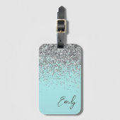 Aqua Blauwe Teal Zilveren Glitter Monogram Bagagelabel (Voorkant (verticaal))