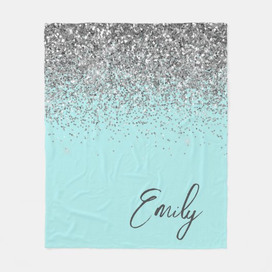 Aqua Blauwe Teal Zilveren Glitter Monogram  Fleece Deken (Voorkant)