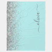 Aqua Blauwe Teal Zilveren Glitter Monogram Fleece Deken (Voorkant)