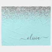 Aqua Blauwe Teal Zilveren Glitter Monogram Fleece Deken (Voorkant (Horizontaal))