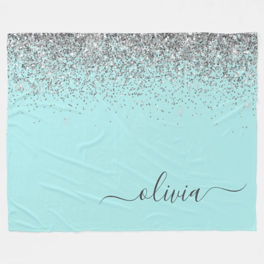 Aqua Blauwe Teal Zilveren Glitter Monogram Fleece Deken (Voorkant (Horizontaal))