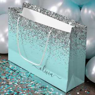 Aqua Blauwe Teal Zilveren Glitter Monogram Groot Cadeauzakje