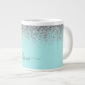 Aqua Blauwe Teal Zilveren Glitter Monogram Grote Koffiekop (Voorkant rechts)