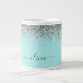 Aqua Blauwe Teal Zilveren Glitter Monogram Grote Koffiekop (Voorkant)