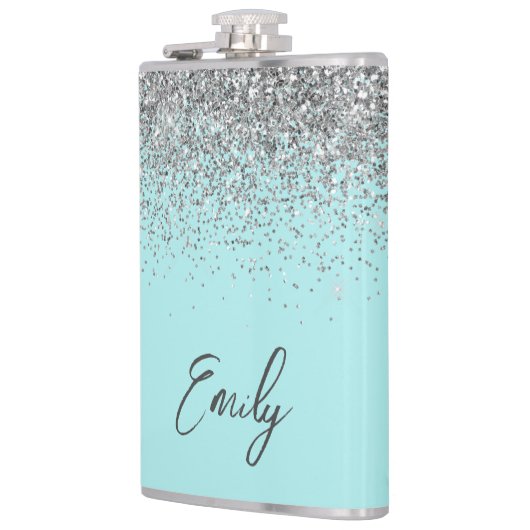 Aqua Blauwe Teal Zilveren Glitter Monogram Heupfles (Links)