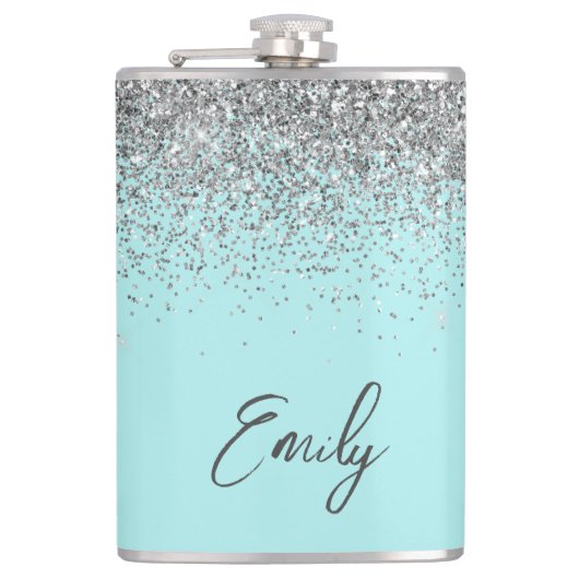 Aqua Blauwe Teal Zilveren Glitter Monogram Heupfles (Voorkant)