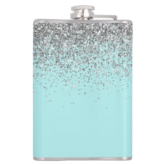 Aqua Blauwe Teal Zilveren Glitter Monogram Heupfles (Achterkant)