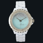 Aqua Blauwe Teal Zilveren Glitter Monogram Horloge<br><div class="desc">Aqua Blauw - Teal en Zilveren Glitter Script Monogram Naam Horloge. Dit is het perfecte afstudeergeschenk, verjaardagscadeau, trouwcadeau, bruidsbeurscadeau, jubileumcadeau, baby shower cadeau of vrijgezellenfeest cadeau voor iemand die houdt van glamour luxe en chic stijlen.</div>