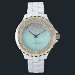 Aqua Blauwe Teal Zilveren Glitter Monogram Horloge<br><div class="desc">Aqua Blauw - Teal en Zilveren Glitter Script Monogram Naam Horloge. Dit is het perfecte afstudeergeschenk,  verjaardagscadeau,  trouwcadeau,  bruidsfeest cadeau,  jubileumcadeau,  baby shower cadeau of vrijgezellenfeest cadeau voor iemand die houdt van glamour luxe en chic stijlen.</div>
