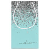 Aqua Blauwe Teal Zilveren Glitter Monogram Klein Cadeauzakje (Achterkant)
