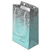 Aqua Blauwe Teal Zilveren Glitter Monogram Klein Cadeauzakje (Voorkant Gekanteld)