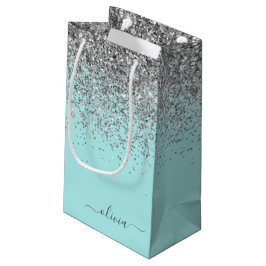 Aqua Blauwe Teal Zilveren Glitter Monogram Klein Cadeauzakje