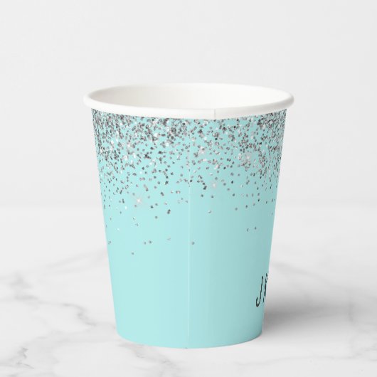 Aqua Blauwe Teal Zilveren Glitter Monogram Koffieb Papieren Bekers (Rechts)