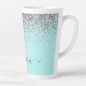 Aqua Blauwe Teal Zilveren Glitter Monogram Latte Mok (Rechts)