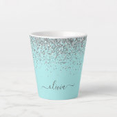 Aqua Blauwe Teal Zilveren Glitter Monogram Latte Mok (Voorkant)