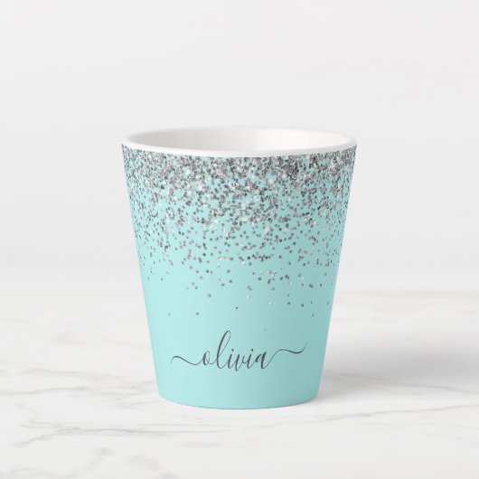 Aqua Blauwe Teal Zilveren Glitter Monogram Latte Mok (Voorkant)