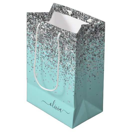 Aqua Blauwe Teal Zilveren Glitter Monogram Medium Cadeauzakje (Voorkant Gekanteld)