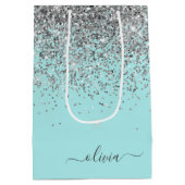 Aqua Blauwe Teal Zilveren Glitter Monogram Medium Cadeauzakje (Achterkant)