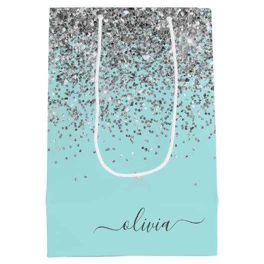 Aqua Blauwe Teal Zilveren Glitter Monogram Medium Cadeauzakje (Achterkant)