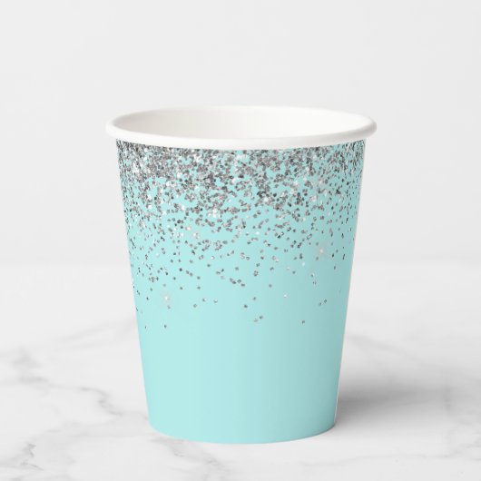 Aqua Blauwe Teal Zilveren Glitter Monogram Papiere Papieren Bekers (Achterkant)