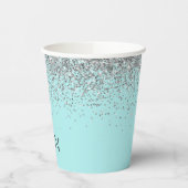 Aqua Blauwe Teal Zilveren Glitter Monogram Papiere Papieren Bekers (Links)