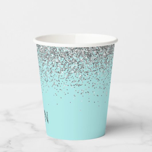 Aqua Blauwe Teal Zilveren Glitter Monogram Papiere Papieren Bekers (Links)