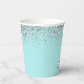 Aqua Blauwe Teal Zilveren Glitter Monogram Papiere Papieren Bekers (Rechts)