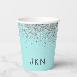 Aqua Blauwe Teal Zilveren Glitter Monogram Papiere Papieren Bekers