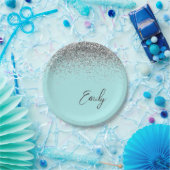 Aqua Blauwe Teal Zilveren Glitter Monogram Papieren Bordje (Feest)