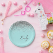 Aqua Blauwe Teal Zilveren Glitter Monogram Papieren Bordje (Feest)
