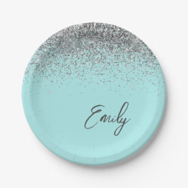 Aqua Blauwe Teal Zilveren Glitter Monogram Papieren Bordje