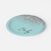 Aqua Blauwe Teal Zilveren Glitter Monogram Papieren Bordje (Gekanteld)