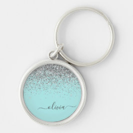 Aqua Blauwe Teal Zilveren Glitter Monogram Sleutelhanger