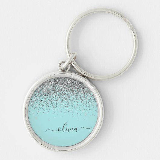 Aqua Blauwe Teal Zilveren Glitter Monogram Sleutelhanger (Voorkant)