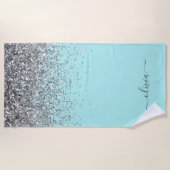 Aqua Blauwe Teal Zilveren Glitter Monogram Strandlaken (Voorkant)