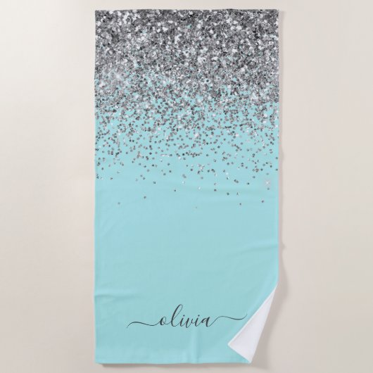 Aqua Blauwe Teal Zilveren Glitter Monogram Strandlaken (Voorkant)