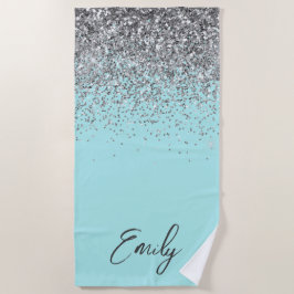 Aqua Blauwe Teal Zilveren Glitter Monogram Strandlaken