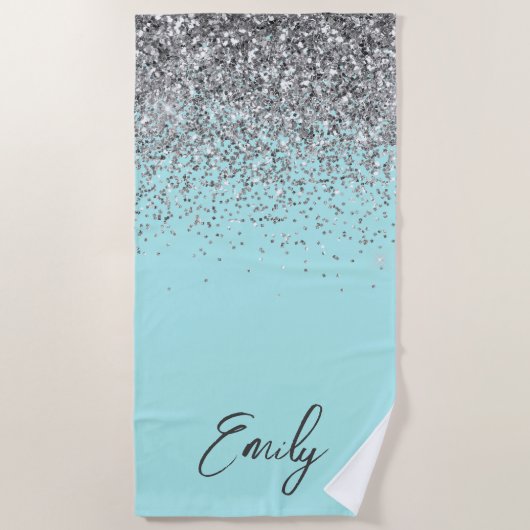 Aqua Blauwe Teal Zilveren Glitter Monogram Strandlaken (Voorkant)