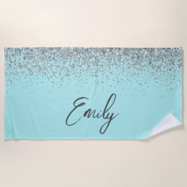 Aqua Blauwe Teal Zilveren Glitter Monogram Strandlaken