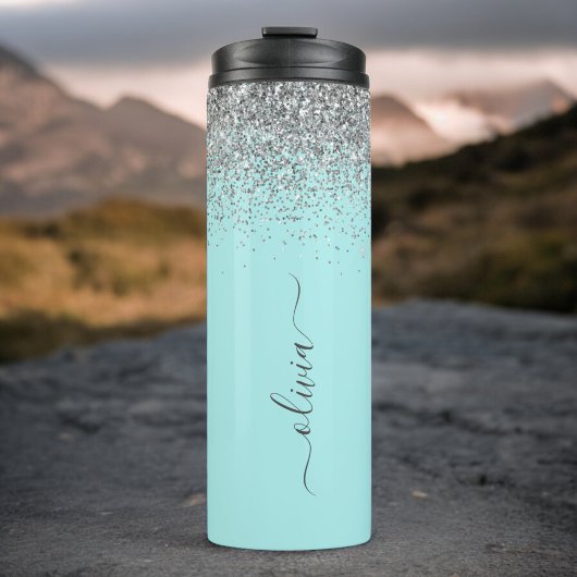 Aqua Blauwe Teal Zilveren Glitter Monogram Thermosbeker