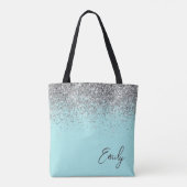 Aqua Blauwe Teal Zilveren Glitter Monogram Tote Bag (Achterkant)