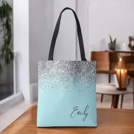 Aqua Blauwe Teal Zilveren Glitter Monogram Tote Bag
