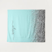 Aqua Blauwe Teal Zilveren Glitter Monogram Wandkleed (Voorkant (horizontaal))