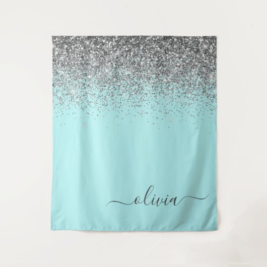 Aqua Blauwe Teal Zilveren Glitter Monogram Wandkleed (Voorkant)