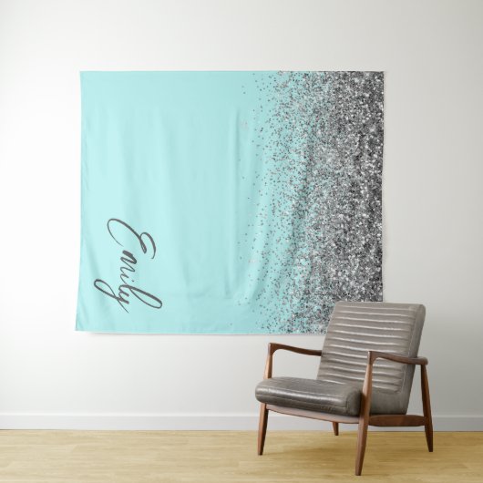 Aqua Blauwe Teal Zilveren Glitter Monogram Wandkleed (In Situ (horizontaal))