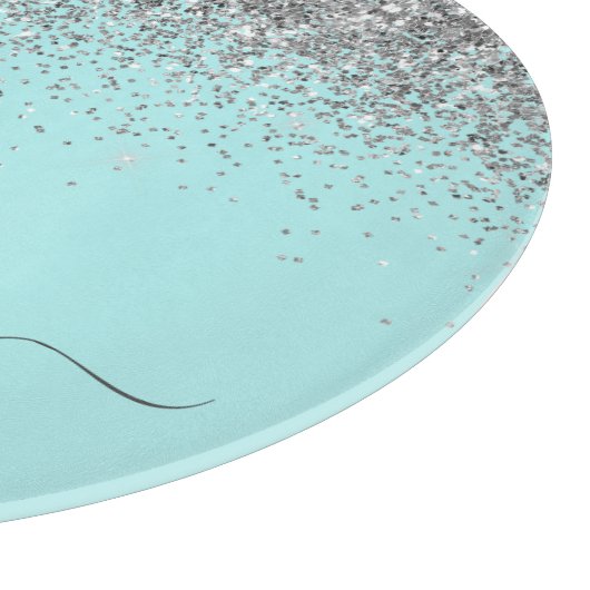 Aqua Blauwe Teal Zilveren Roze Glitter Monogram Snijplank (Hoek)