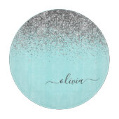 Aqua Blauwe Teal Zilveren Roze Glitter Monogram Snijplank (Voorkant)