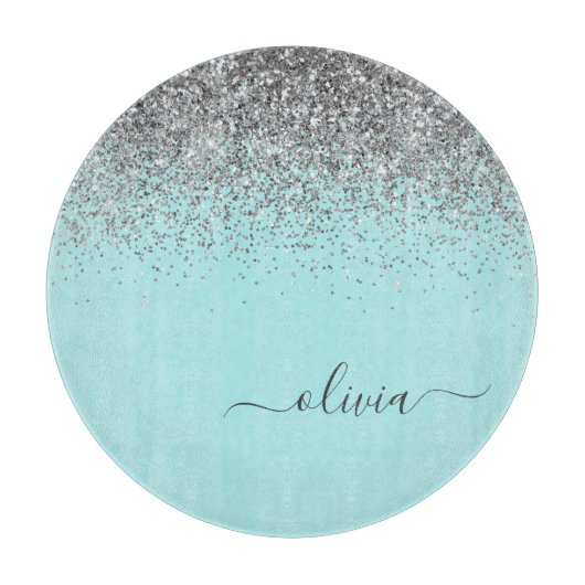 Aqua Blauwe Teal Zilveren Roze Glitter Monogram Snijplank (Voorkant)