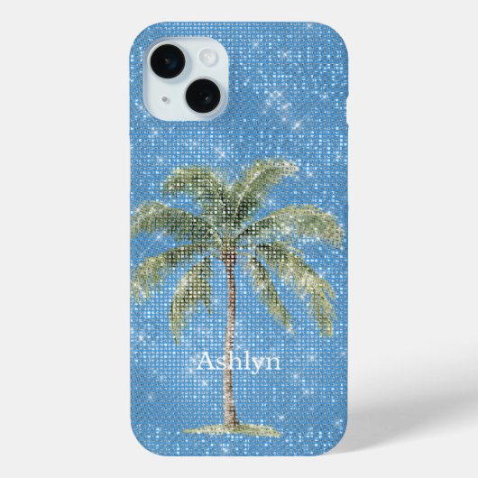 Aqua Blauwe Tropische Palmboom Glans  Case-Mate iPhone Case (Achterkant)