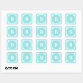 Aqua Blauwe Vierkante Griekse Sleutelrand Monogram Sticker (Vel)